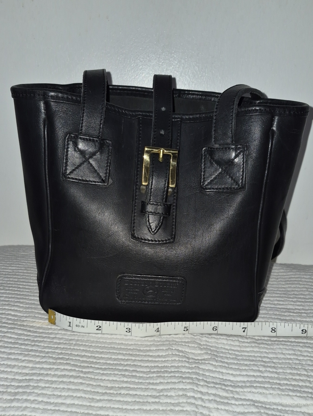 Vintage Dooney & Bourke Black Leather Tote with Gold Buckle Detail